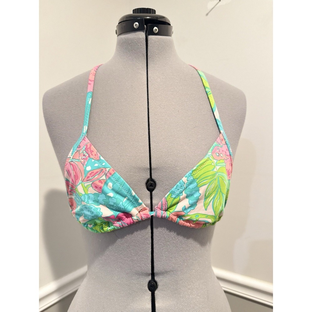 Lilly Pulitzer Jamya Bikini Top turquoise green triangle tropical pattern Small